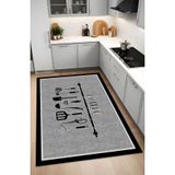 Noble Halı Dijital Baskı Kitchen Yazılı Gri Siyah Modern Dekoratif Makinada Yıkanabilir Mutfak ve Yolluk Halısı