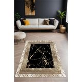 Noble Halı Dijital Baskı Siyah Gold Mermer Desen Çerçeveli Dekoratif Makinada Yıkanabilir Salon Yolluk Halısı - Renkli - 180 x 200 cm