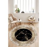 Noble Halı Dijital Baskı Siyah Gold Mermer Desen Çerçeveli Yıkanabilir Yuvarlak Mutfak Halısı Koridor Halısı - Renkli - 140 x 140 cm