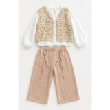 Noble Kids Kız Çocuk 3'lü Dantel Yelek Bluz Keten Pantolon Takım - 3 - 4 Yaş - Bej