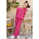 Noble Kids Kız Çocuk Fırfırlı Waffle Bluz ve Pantolon Takım Fuşya