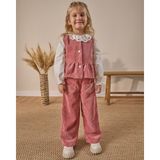 Noble Kids Pudra Kalp Cep Detaylı Fitilli Kadife 3’lü Bayramlık Kız Çocuk Alt Üst Takım - 4-8 Yaş