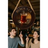 Nod Black Tea Temalı Yuvarlak Cafe Tabelası – Jüt İpli Ahşap Duvar & Kapı Dekoru | Barista Tarzı Süs