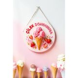 Nod Çilekli Dondurma Görselli İpli Ahşap Kapı ve Duvar Süsü - Cafe, Dondurmacı Tabelası, Tatlıcı Dekoru, 30 x 50 cm