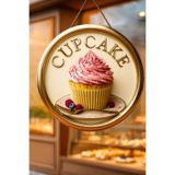 Nod Cupcake Muffin Temalı İpli Ahşap Kapı Duvar Süsü, Pastane, Tatlı Dükkanı, Cafe Tablo Dekoru Çok Renkli 30 x 50