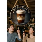 Nod Ice Cappuccino Temalı Yuvarlak Cafe Tabelası – Jüt İpli Ahşap Duvar & Kapı Dekoru | Barista Süsü Çok renkli1 30 x 50
