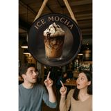 Nod Ice Mocha Temalı Yuvarlak Cafe Tabelası – Jüt İpli Ahşap Duvar & Kapı Dekoru | Barista Tarzı Süs, 30 x 50 cm
