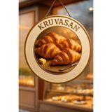 Nod Kruvasan Temalı İpli Ahşap Kapı Duvar Süsü, Pastane, Tatlı Dükkanı, Cafe Dekoru Çok Renkli 30 x 50
