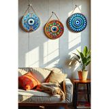 Nod Nazar Boncuğu Kristal MDF İpli Tablo Seti – 3’lü Modern Duvar Dekoru | Salon, Oturma Odası, Ev İçin, 22 x 22 cm