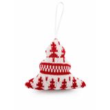 Noel Ağacı Şeklinde Tekstil Süsleme, Kırmızı ve Beyaz, Keten Malzeme, 12x12 cm, Asma Dekorasyon