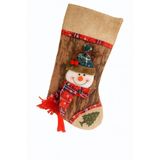 Noel Çorabı Asmalık, Kardan Adam Desenli, Kahverengi Burlap Malzeme, Kırmızı Atkılı, 35cm Boy 20cm En