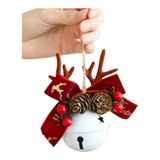 Noel Temalı Çıngırak, Beyaz Metal Zil, Kırmızı Kadife Fiyonk, Kozalak ve Geyik Boynuzu Süslemeli, 11cm x 6cm, 37g