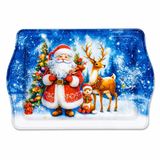 Noel Temalı Metal Servis Tepsisi, Santa Claus ve Geyik Desenli, 24.5x15.7 cm, Dekoratif Sunum Tepsisi