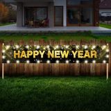 Noel Yeni Yıl Süslemeleri için LED Işıklarla Büyük Mutlu Yıllar Bahçe İşareti 38 x 40 cm Siyah ve Altın Mutlu Yıllar Bahçe Afişi Noel Yeni Yıl Arifesi Parti Malzemeleri için Şeffaf Klipsli