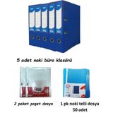 Noki Mavi Geniş Klasör Plastik 5 Adet, 1 Paket Telli Dosya Ve Poşet Dosya 2 Paket ( Ofis Seti)