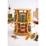 NOKKA 10’lu Döner Baharatlık (7x7 cm) Seti, Bambu Standlı Cam Kavanoz Baharatlık Organizer 360° Döner