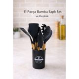 NOKKA 11 Parça Bambu Saplı Silikon Mutfak Seti Kaşıklıklı Isıya Dayanıklı Spatula Kepçe Çırpıcı Maşa Seti