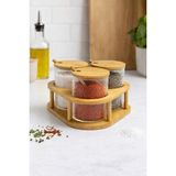 Nokka 3’lü Cam Baharatlık Seti Kaşıklı Bambu Standlı, Cam Baharat Kavanozu 8x8 cm - Ahşap