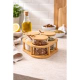 NOKKA 3’lü Cam Baharatlık Seti Kaşıklı Bambu Standlı, Cam Baharat Kavanozu (8x8 cm) Mutfak Organizeri