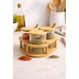 Nokka 3’lü Cam Baharatlık Seti Kaşıklı Bambu Standlı, Cam Baharat Kavanozu 8x8 cm - Şeffaf