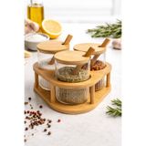 NOKKA 3’lü Cam Baharatlık Seti Kaşıklı Bambu Standlı, Cam Baharat Kavanozu 8x8 cm