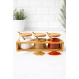 NOKKA 3’lü Cam Baharatlık Seti Standlı – (8x8 cm) Kaşıklı Bambu Kapaklı Baharat Kavanozu