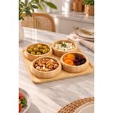 Nokka 5 Parça Bambu Sunumluk Seti – 4’lü Kase ve Kare Servis Tabağı – Çerezlik, Lokumluk, Kahvaltılık