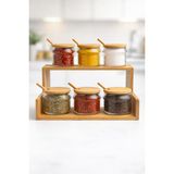 Nokka 6’lı Cam Baharatlık Seti Bambu Standlı Kaşıklı (8x8 Cm) – Kapaklı Cam Kavanoz Baharat Düzenleyici - Ahşap
