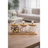 NOKKA Kristal Kulplu Cam Kavanoz (10x10 cm) Seti 3’lü, Bambu Kapaklı & Altlıklı Dekoratif Saklama Kabı