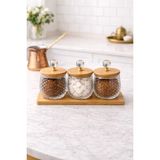 NOKKA Kristal Kulplu Cam Kavanoz (8x8 cm) Seti 3’lü Bambu Kapaklı & Ahşap Altlıklı Dekoratif Saklama Kabı