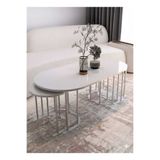 Nokta Sehpa Home 2+1 yavrulu oval orta sehpa metal gümüş tabla beyaz mdf