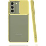 noktaks - Samsung Galaxy S21 FE - Kılıf Slayt Sürgülü Arkası Buzlu Lensi Kapak - Sarı - T18095