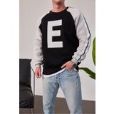 NOMARC Erkek Sweatshirt E Harf Siyah Oversize Baskılı Bisiklet Yaka 3 İplik Şardonlu