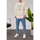 NOMARC Erkek Sweatshirt Harf Krem Oversize Baskılı Bisiklet Yaka 3 İplik Şardonlu