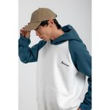 NOMARC Erkek Sweatshirt Mavi Kollu Beyaz Oversize Kapüşonlu 3 İplik Şardonlu