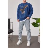 NOMARC Erkek Sweatshirt Represent Yazılı Yıkamalı Lacivert Oversize Bisiklet Yaka 3 İplik Şardonsuz