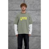 NOMARC Erkek Sweatshirt Y269 Parça Kollu Çizgili Haki Oversize Bisiklet Yaka 3 İplik Şardonsuz