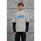 NOMARC Erkek Sweatshirt Y269 Parça Kollu Çizgili Krem Oversize Bisiklet Yaka 3 İplik Şardonsuz