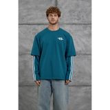 NOMARC Erkek Sweatshirt Yc4 Oversıze Kolu Parçalı Petrol Mavisi Oversize Bisiklet Yaka