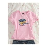 nomely Kadın Yaban Mersini Baskılı Pembe Crop Tshirt