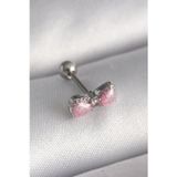 Noname 316L Çelik Gümüş Renk Pembe Kurdele Zirkon Taş Detay Tragus Piercing