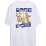 Noodle Kedi Tasarımlı Unisex Oversize T-Shirt - Beyaz