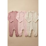 Noone Pamuklu Geniş Kalıp 3'lü Bebek Tulum Seti - Gül Kurusu, Pudra, Comfy Ekru - Pratik Çıtçıtlı Patikli - Pembe - Beyaz - Pembe - 0 - 3 Ay