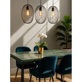 Noonlux Design & Lighting Malmö 3lü Siyah Kafes Avize Oturma Odası Yemek Masası Ahşap Masif Masa Yeşil Damarlı Mermer