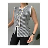 Nopen Knitwear Kadın Yaka Detay Gold Düğme Asimetrik Kesim Triko Yelek Süveter