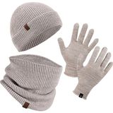 Norfolk Winter Set %70 Merino Yünü Termal Bere Boyunluk ve Eldiven 3'lü Kış Seti - Krem - L - XL