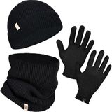 Norfolk Winter Set %70 Merino Yünü Termal Bere Boyunluk ve Eldiven 3'lü Kış Seti - Siyah - S - M