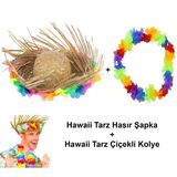 Norino Hawaii Tarzı Tropikal Çiçekli Hasır Şapka Ve Çiçekli Hawaii Kolye