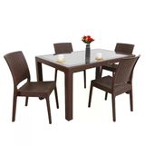 Norino Mandella Elit Rattan 90X150 4 Kişilik Elit Sandalye Camlı Masa Takımı Kahverengi
