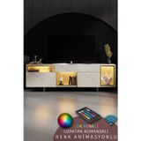 NORM TV ÜNİTESİ RGB LED IŞIKLI GOLD DEMİR AYAKLI RAFLI DOLAPLI TRAVERTEN TV SEHPASI